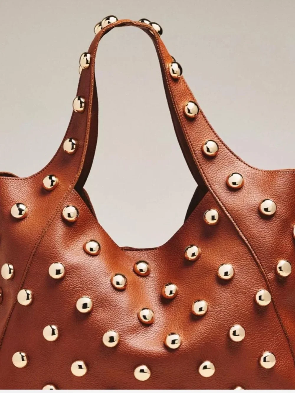 Anthropologie Cognac Studded Leather Shoulder Bag